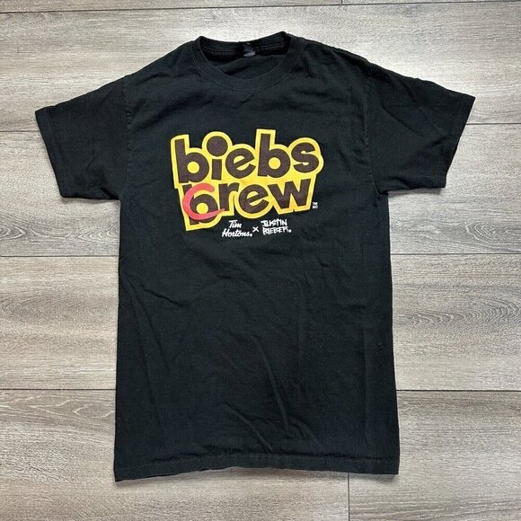 Justin Bieber x Tim Hortons Tim Biebs Brew Crew T-Shirt Size S Black Unisex - Picture 1 of 6